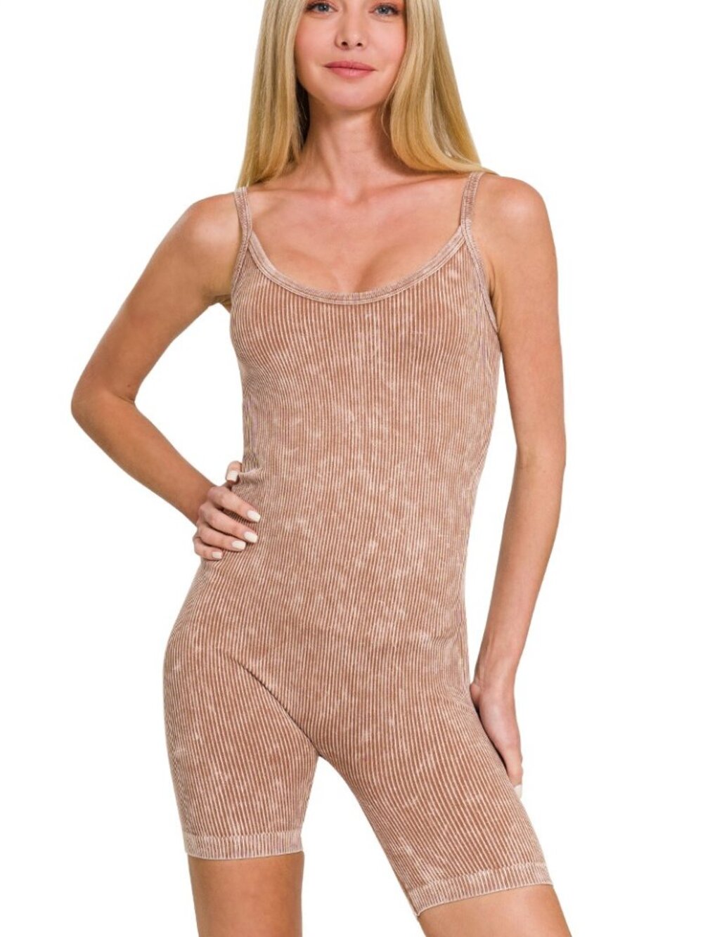 BB101 | Stone Washed Ribbed Seamless Bodysuit - Deep Camel